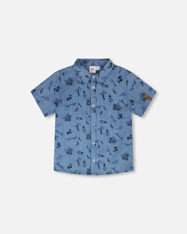 Chambray Short-Sleeve Shirt Blue Printed Skateboards - H30U15_3H114