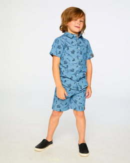 Chambray Short-Sleeve Shirt Blue Printed Skateboards - H30U15_3H114