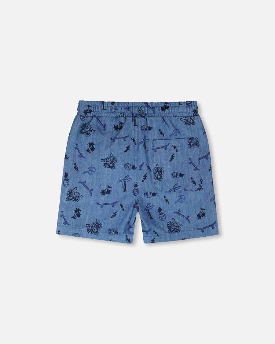Chambray Shorts Blue Printed Skateboards - H30U25_3H114