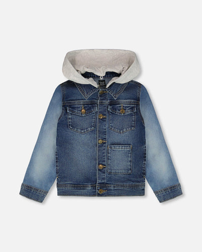 Navy Blue Denim Jacket With Removable French Terry Hood - H30U50_01230