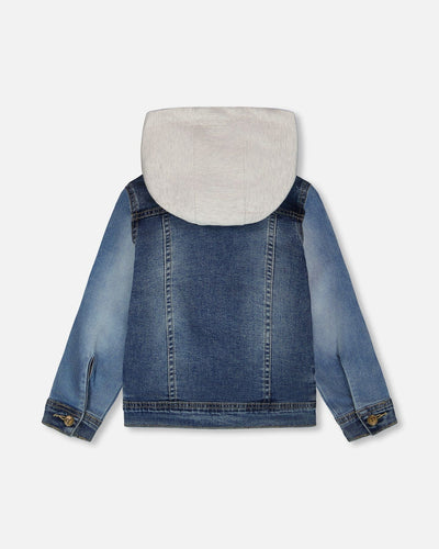 Navy Blue Denim Jacket With Removable French Terry Hood - H30U50_01230