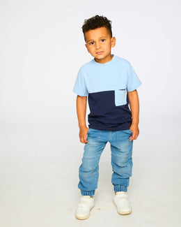 Organic Cotton Colorblock Jersey T-Shirt With Chest Pocket Dark Blue - H30U70_04810