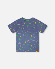 Organic Cotton Jersey T-Shirt Blue Bicycle Print - H30U72_3H119