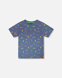 Organic Cotton Jersey T-Shirt Blue Bicycle Print - H30U72_3H119