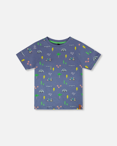 Organic Cotton Jersey T-Shirt Blue Bicycle Print - H30U72_3H119