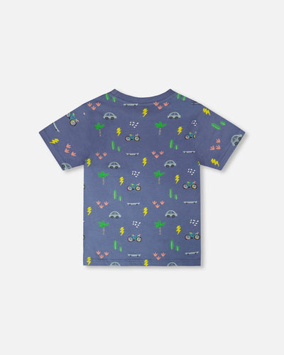 Organic Cotton Jersey T-Shirt Blue Bicycle Print - H30U72_3H119