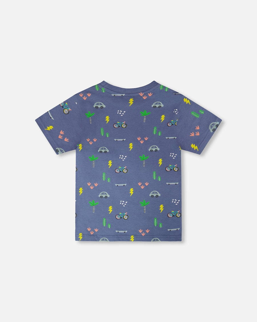 Organic Cotton Jersey T-Shirt Blue Bicycle Print - H30U72_3H119