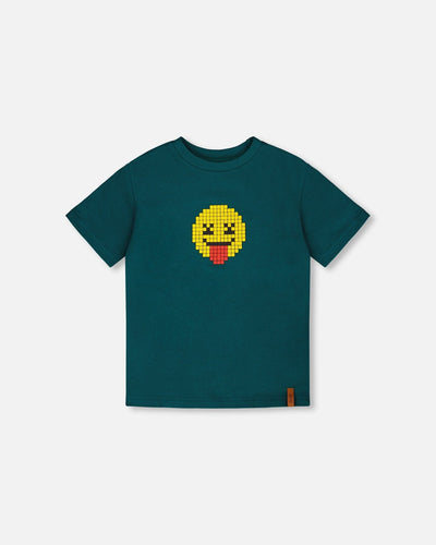 Organic Cotton Jersey T-Shirt With Print Dark Turquoise - H30U74_03890