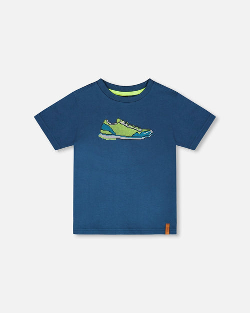Organic Cotton Jersey T-Shirt With Print Dark Blue - H30U74_04002