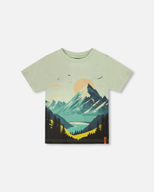 Organic Cotton Jersey T-Shirt With Mountain Print Sage - H30U76_03002