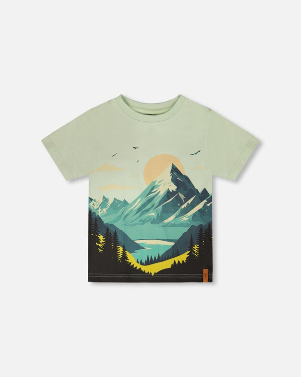 Organic Cotton Jersey T-Shirt With Mountain Print Sage - H30U76_03002
