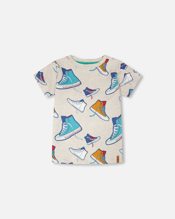 Organic Cotton Jersey T-Shirt Grey Mix Printed Shoes - H30U77_3H116