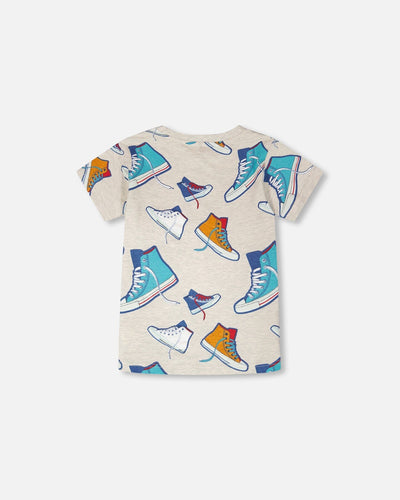 Organic Cotton Jersey T-Shirt Grey Mix Printed Shoes - H30U77_3H116