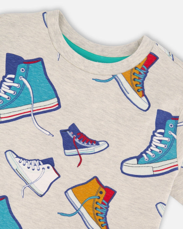 Organic Cotton Jersey T-Shirt Grey Mix Printed Shoes - H30U77_3H116