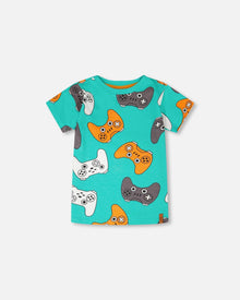 Organic Cotton Jersey T-Shirt Blue Printed Gamepads - H30U77_3H117