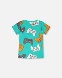 Organic Cotton Jersey T-Shirt Blue Printed Gamepads - H30U77_3H117