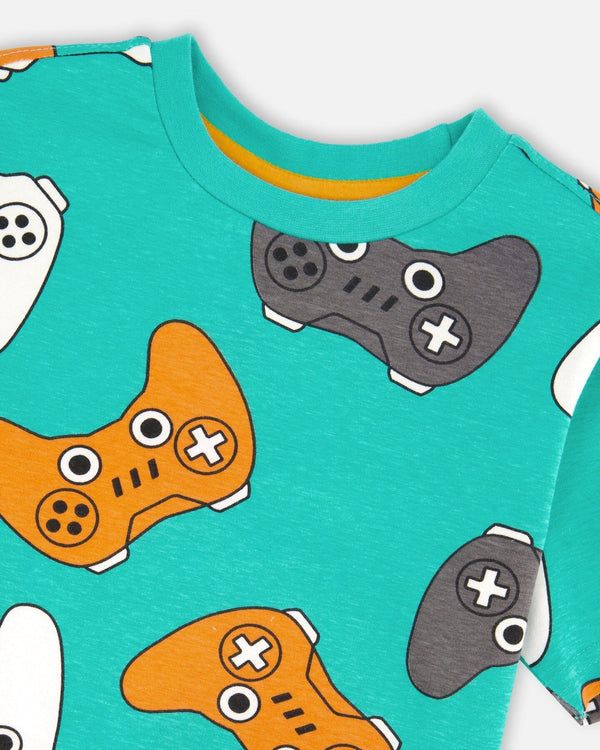 Organic Cotton Jersey T-Shirt Blue Printed Gamepads - H30U77_3H117