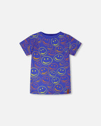 Organic Cotton Jersey T-Shirt Blue Smiley Print - H30U77_3H118