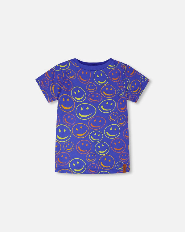 Organic Cotton Jersey T-Shirt Blue Smiley Print - H30U77_3H118