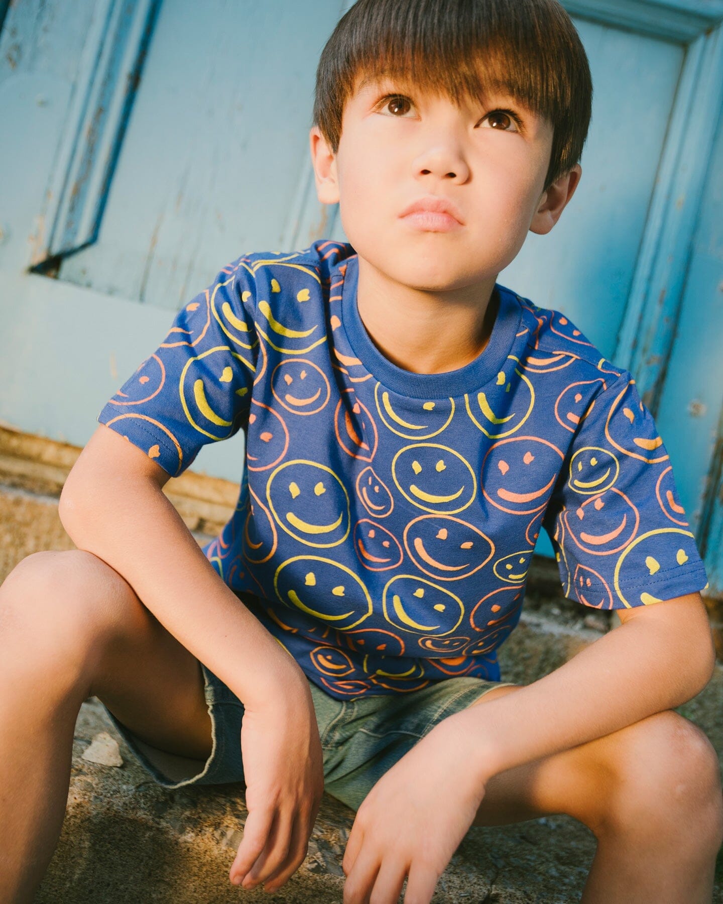 Organic Cotton Jersey T-Shirt Blue Smiley Print - H30U77_3H118