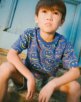 Organic Cotton Jersey T-Shirt Blue Smiley Print - H30U77_3H118