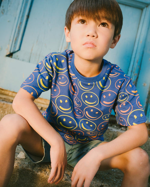 Organic Cotton Jersey T-Shirt Blue Smiley Print - H30U77_3H118