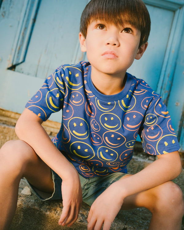 Organic Cotton Jersey T-Shirt Blue Smiley Print - H30U77_3H118