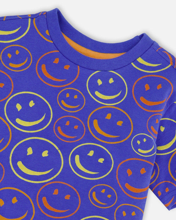 Organic Cotton Jersey T-Shirt Blue Smiley Print - H30U77_3H118
