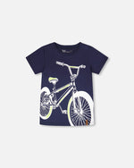 Organic Cotton Jersey T-Shirt With Bike Print Dark Blue - H30U79_04810