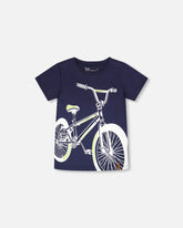 T-shirt jersey de coton biologique bleu foncé avec imprimé vélo
