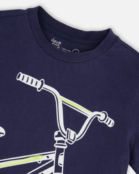 Organic Cotton Jersey T-Shirt With Bike Print Dark Blue - H30U79_04810
