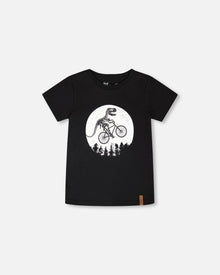Organic Cotton Jersey T-Shirt With Dino On Bike Print Black - H30U79_09990