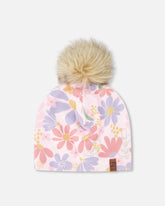 Stretch Jersey Hat Pink Flower Print With Pompom
