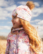 Stretch Jersey Hat Pink Flower Print With Pompom - H30W20_3H004