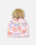 Stretch Jersey Hat Pink Flower Print With Pompom - H30W20_3H004
