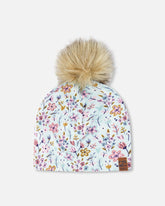 Stretch Jersey Hat Blue Mini Flower Print With Pompom