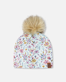 Stretch Jersey Hat Blue Mini Flower Print With Pompom - H30W20_3H005