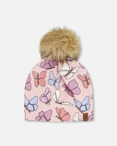 Stretch Jersey Hat Pink Printed Butterflies With Pompom