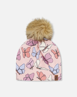 Stretch Jersey Hat Pink Printed Butterflies With Pompom - H30W20_3H007