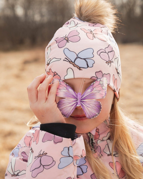 Stretch Jersey Hat Pink Printed Butterflies With Pompom - H30W20_3H007