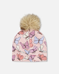 Stretch Jersey Hat Pink Printed Butterflies With Pompom - H30W20_3H007