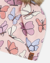 Stretch Jersey Hat Pink Printed Butterflies With Pompom - H30W20_3H007