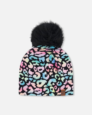 Stretch Jersey Hat Black Animal Print With Pompom - H30W20_3H010
