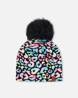 Stretch Jersey Hat Black Animal Print With Pompom - H30W20_3H010