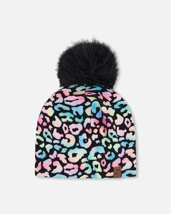 Stretch Jersey Hat Black Animal Print With Pompom - H30W20_3H010