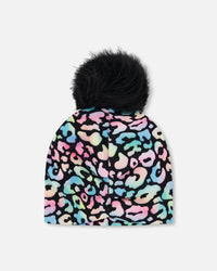 Stretch Jersey Hat Black Animal Print With Pompom - H30W20_3H010