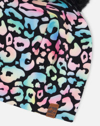 Stretch Jersey Hat Black Animal Print With Pompom - H30W20_3H010