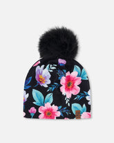Stretch Jersey Hat Black Printed Flowers With Pompom