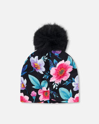 Stretch Jersey Hat Black Printed Flowers With Pompom - H30W20_3H011