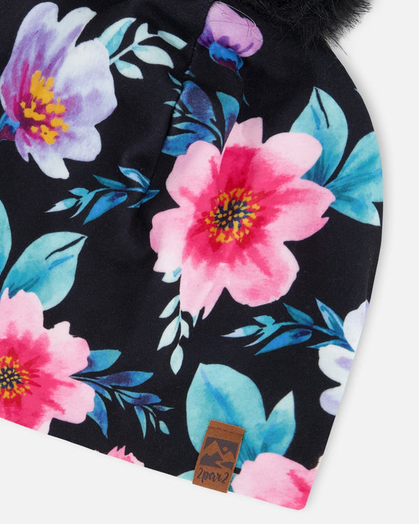 Stretch Jersey Hat Black Printed Flowers With Pompom - H30W20_3H011